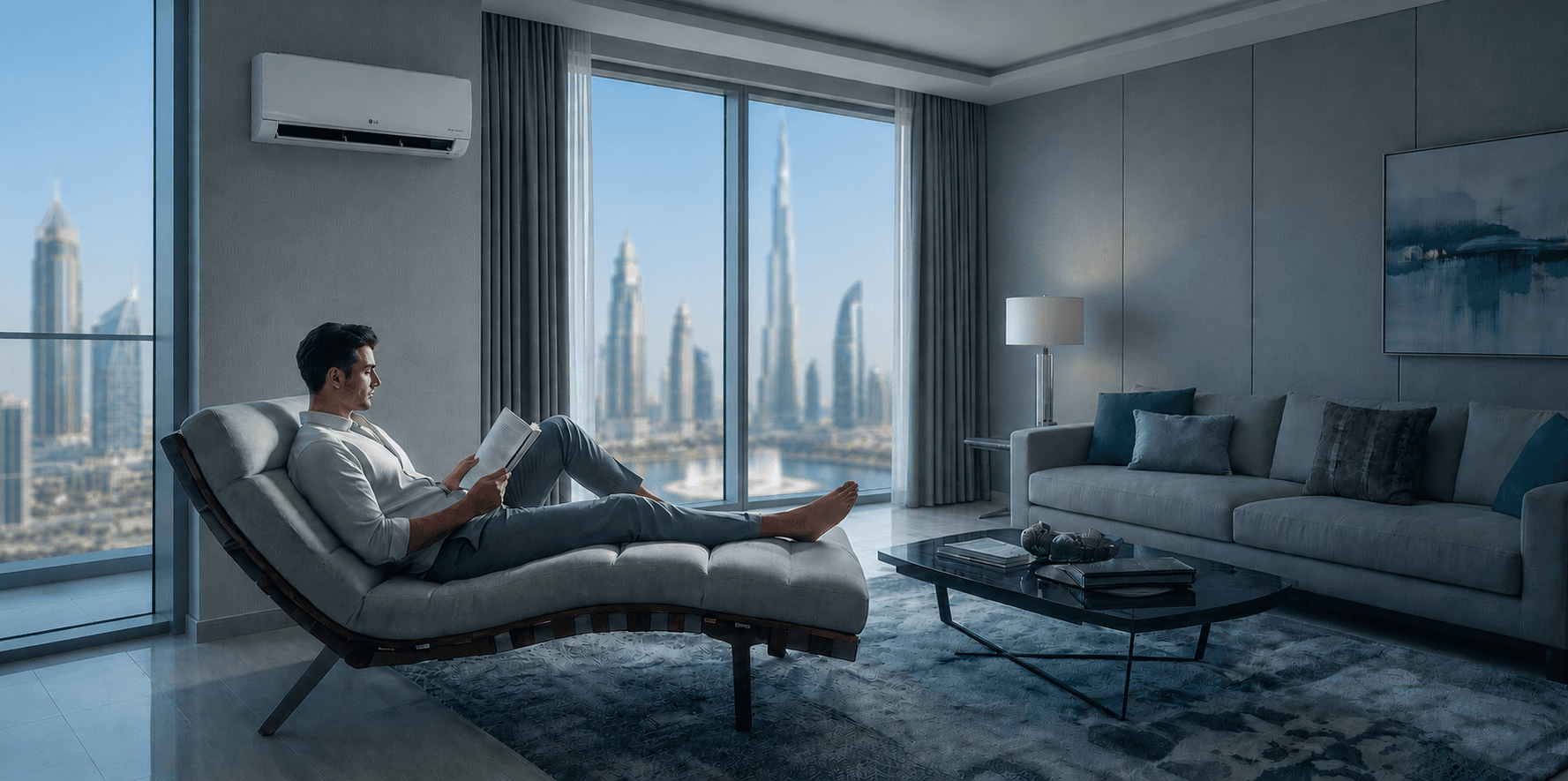 Man relaxing on a chaise reading a book, cooled by a wall-mounted AC unit, with the Dubai skyline in view